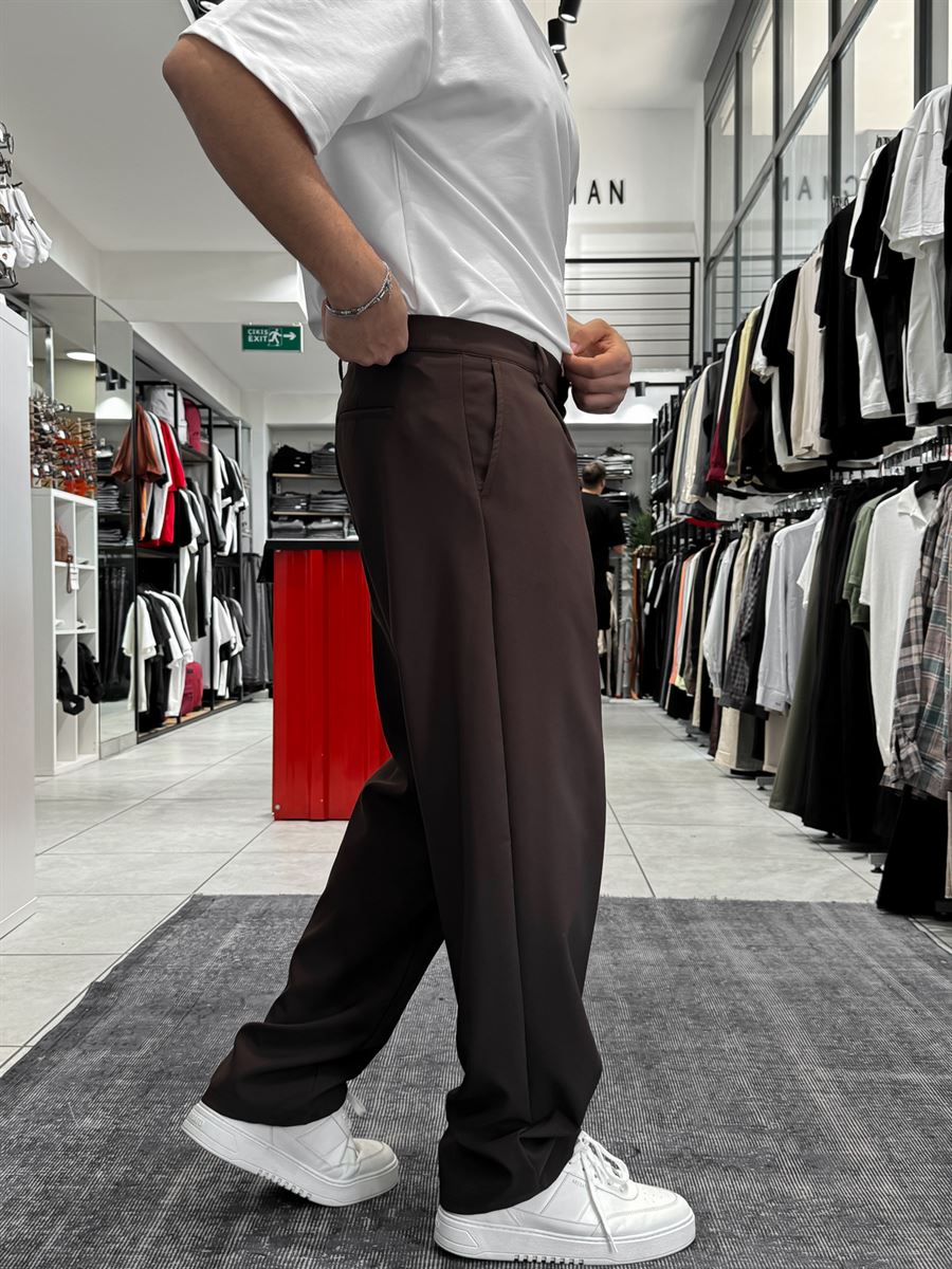 Coffee Pleated Straight Leg Trousers ES-80-46