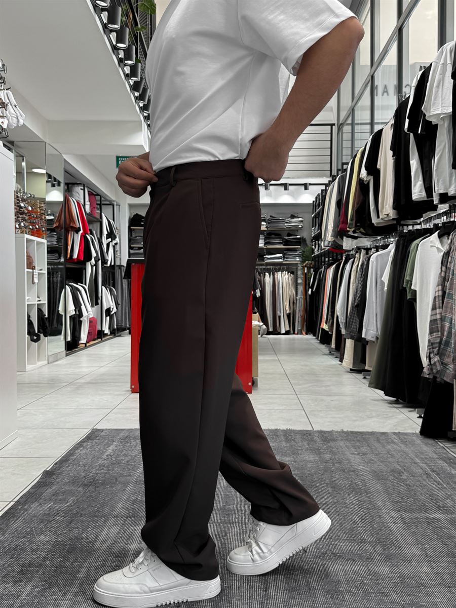 Coffee Pleated Straight Leg Trousers ES-80-46