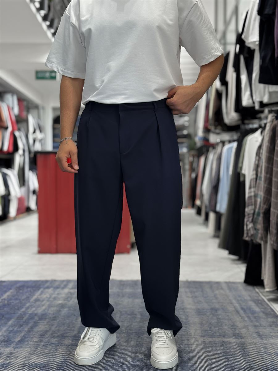 Navy Blue Pleated Straight Leg Trousers ES-80-46