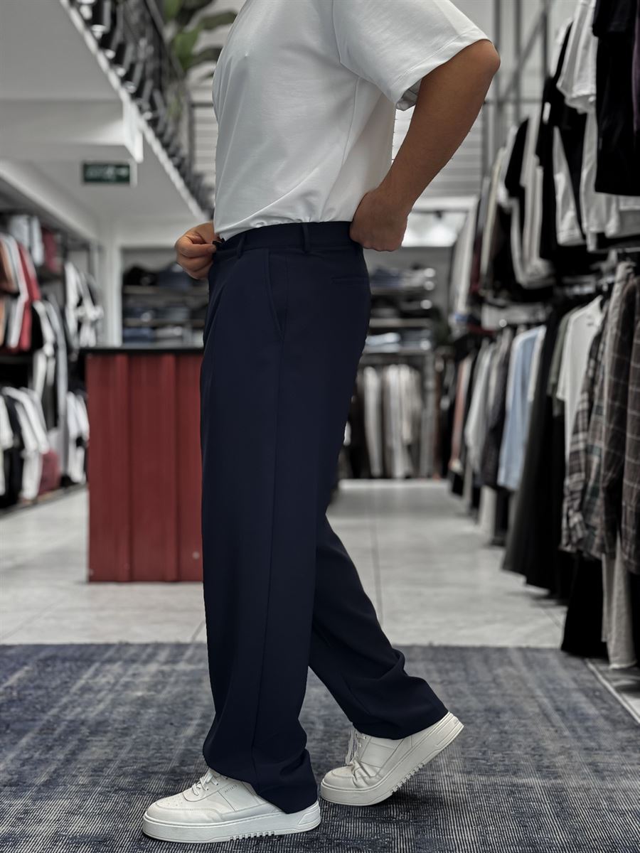 Navy Blue Pleated Straight Leg Trousers ES-80-46