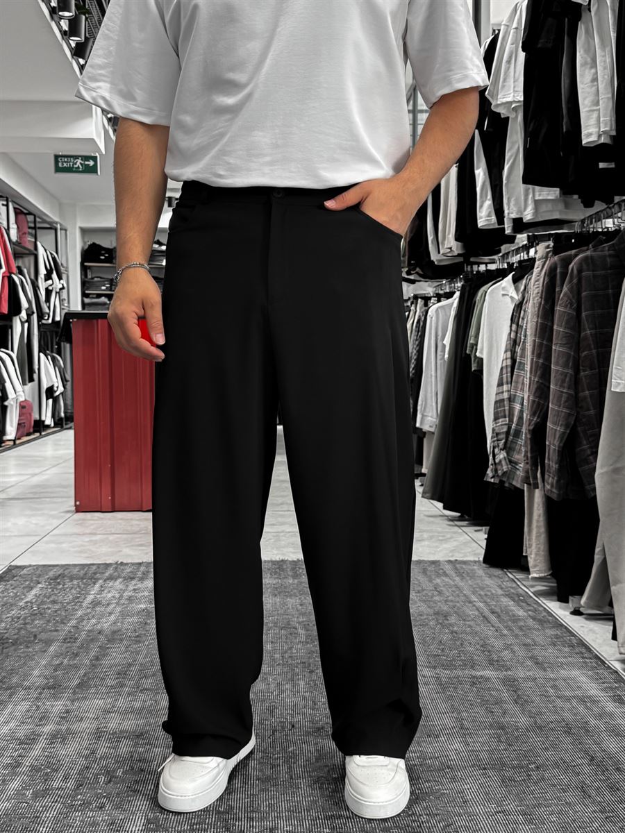 Black Loose Fit Fabric Trousers with Folded Sides ES-80-53