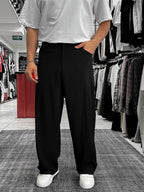 Black Loose Fit Fabric Trousers with Folded Sides ES-80-53