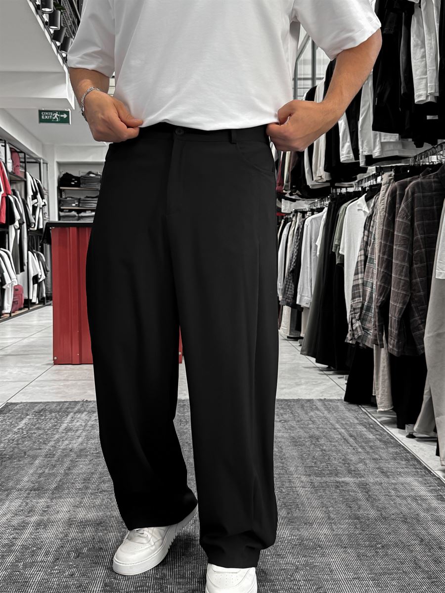 Black Loose Fit Fabric Trousers with Folded Sides ES-80-53