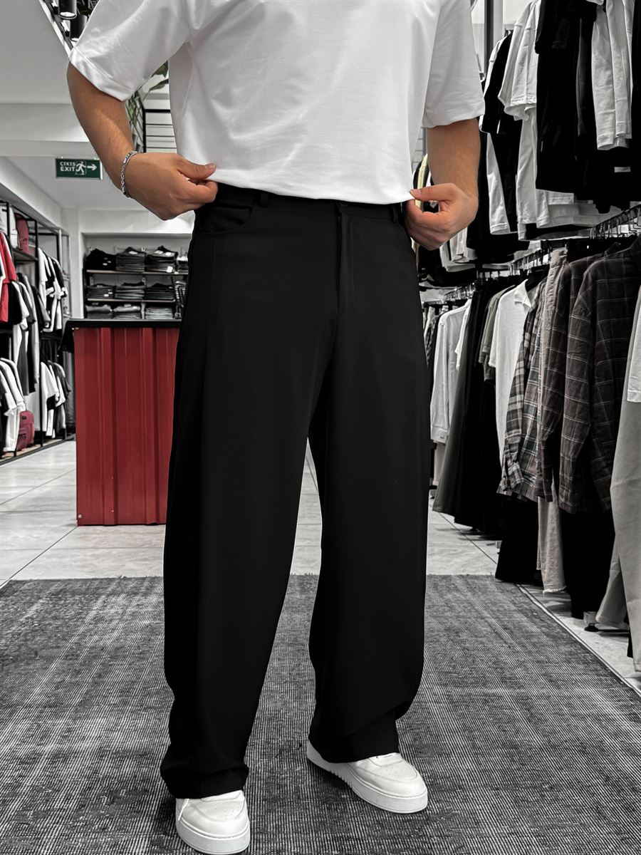Black Loose Fit Fabric Trousers with Folded Sides ES-80-53