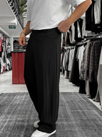 Black Loose Fit Fabric Trousers with Folded Sides ES-80-53