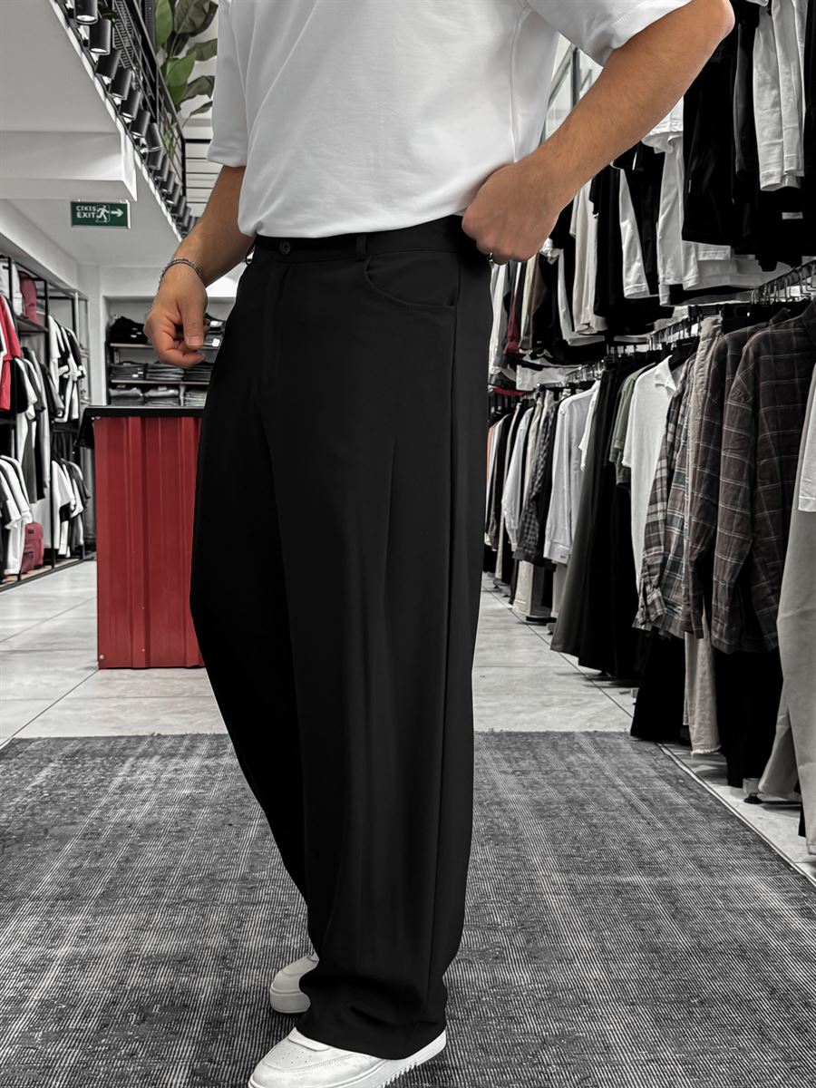 Black Loose Fit Fabric Trousers with Folded Sides ES-80-53