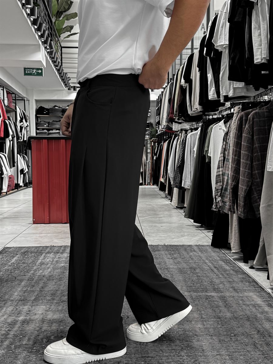 Black Loose Fit Fabric Trousers with Folded Sides ES-80-53