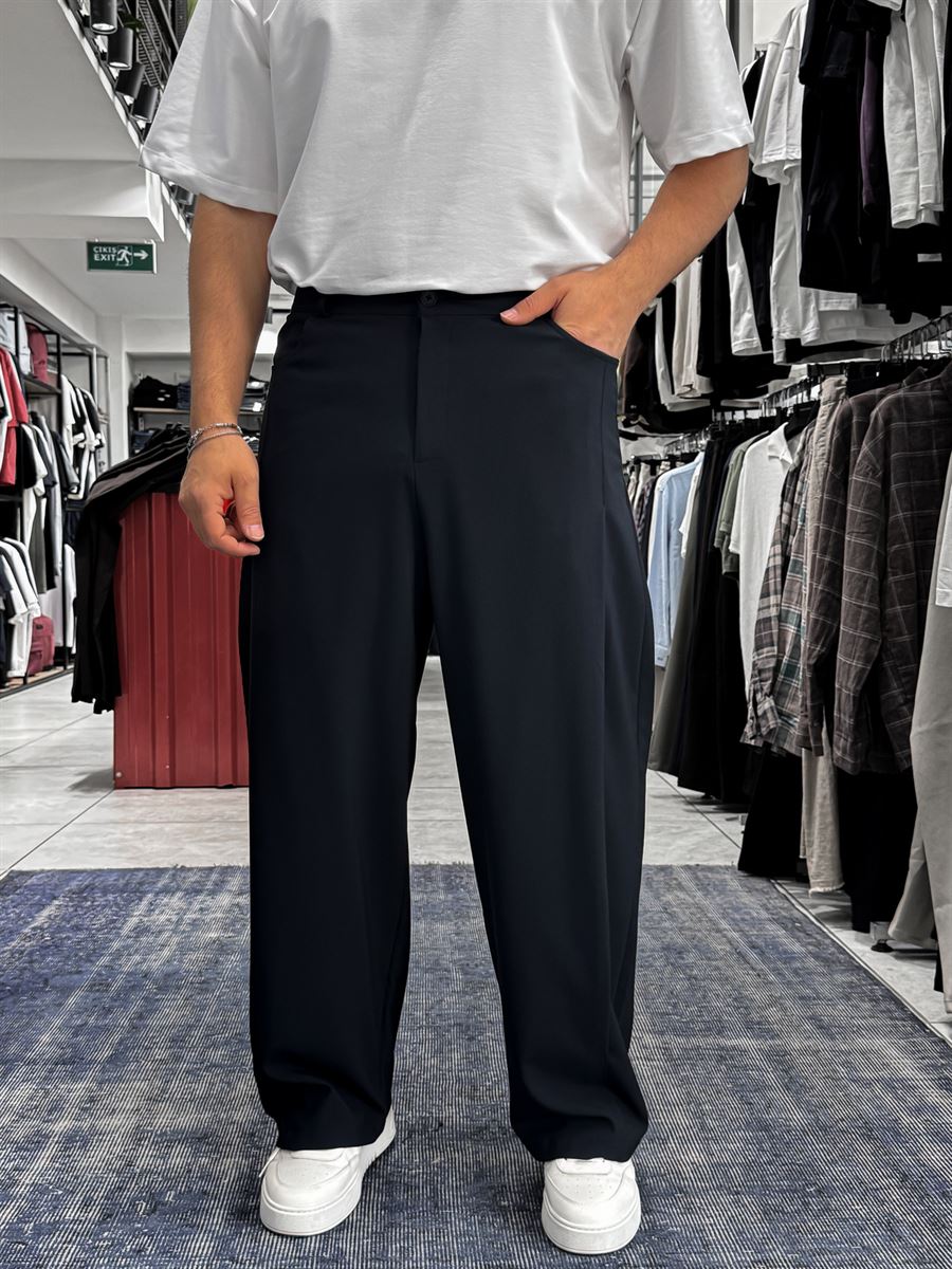 Navy Blue Loose Fit Fabric Trousers with Folded Sides ES-80-53