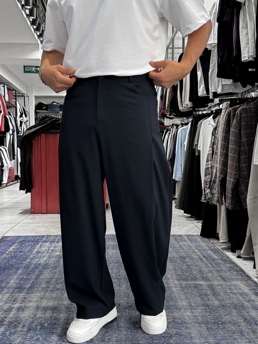 Navy Blue Loose Fit Fabric Trousers with Folded Sides ES-80-53