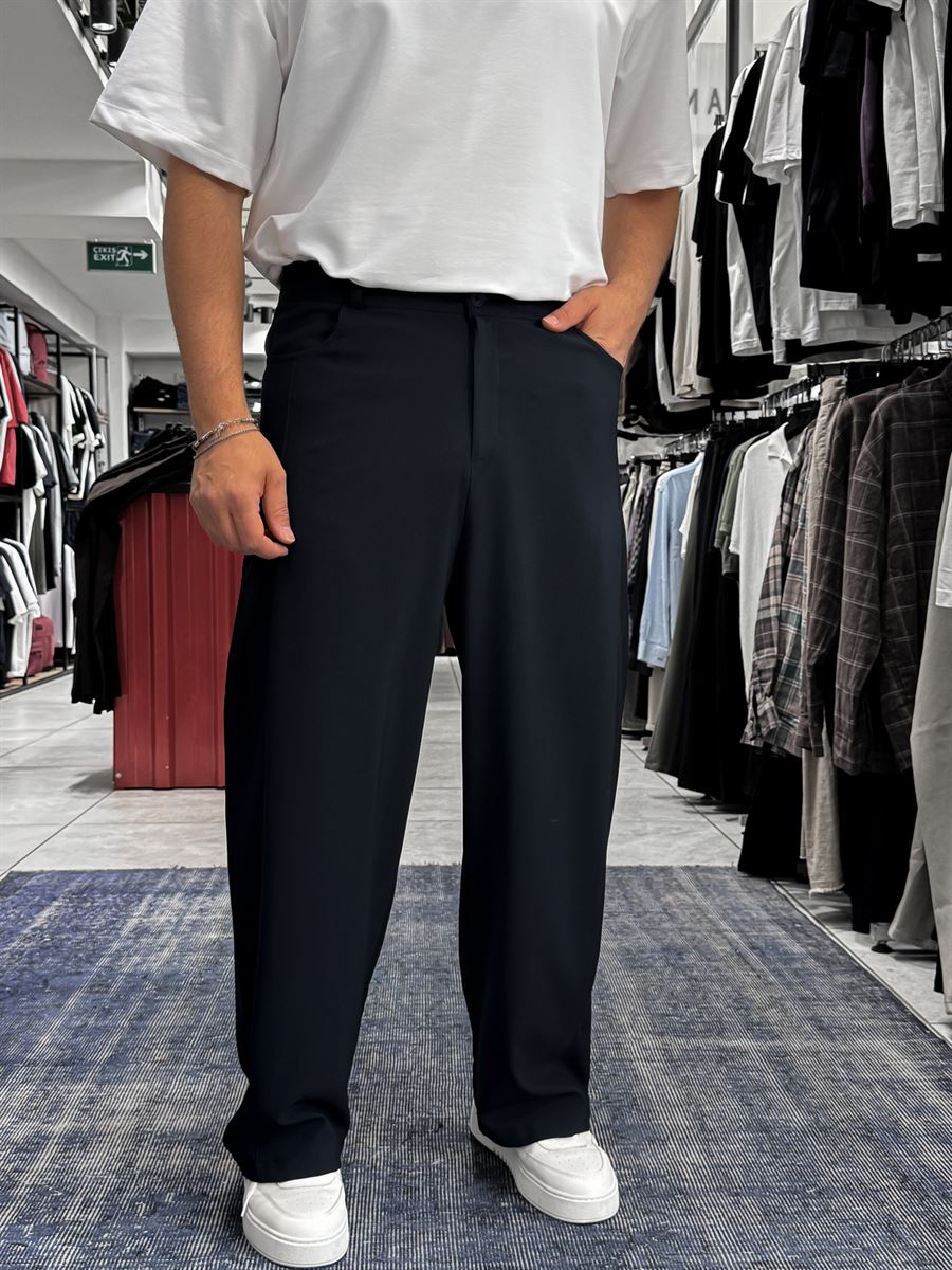 Navy Blue Loose Fit Fabric Trousers with Folded Sides ES-80-53