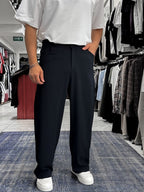 Navy Blue Loose Fit Fabric Trousers with Folded Sides ES-80-53