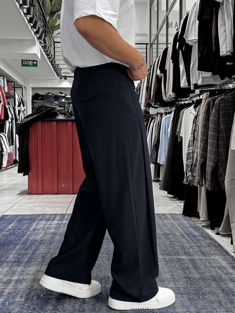 Navy Blue Loose Fit Fabric Trousers with Folded Sides ES-80-53