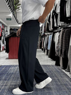 Navy Blue Loose Fit Fabric Trousers with Folded Sides ES-80-53