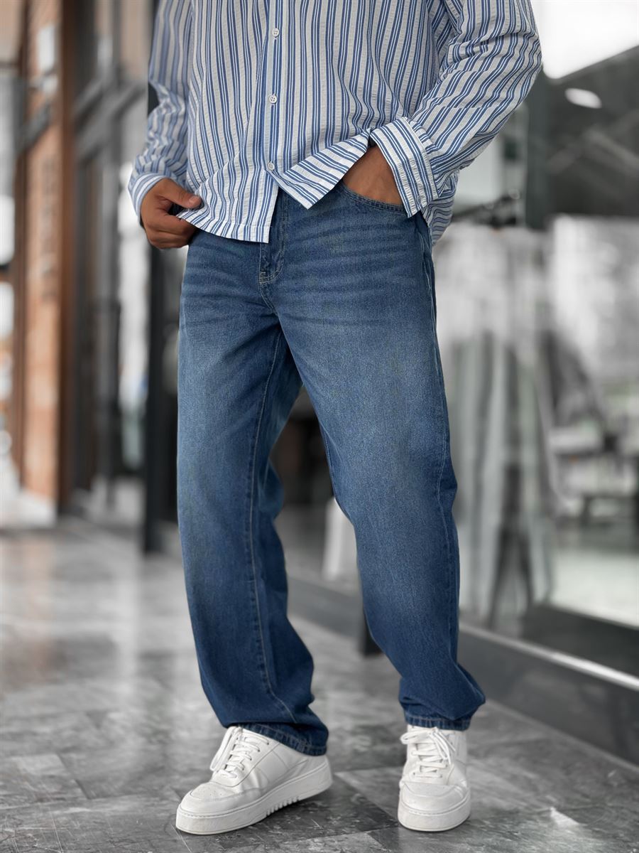 Dark Blue Effect Washed Baggy Jeans GJ-17151/17186-7