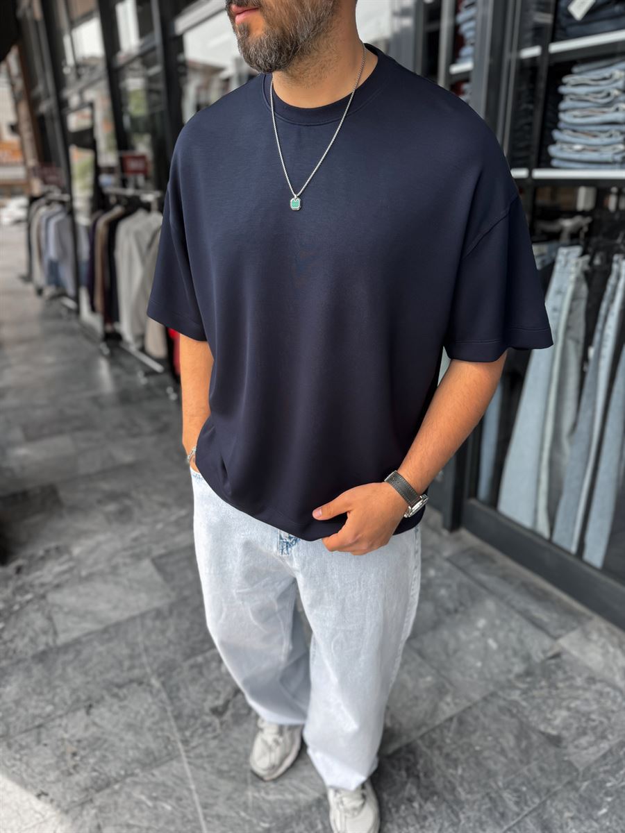 Navy Blue Basic Modal Fabric Oversize T-Shirt BY-0002