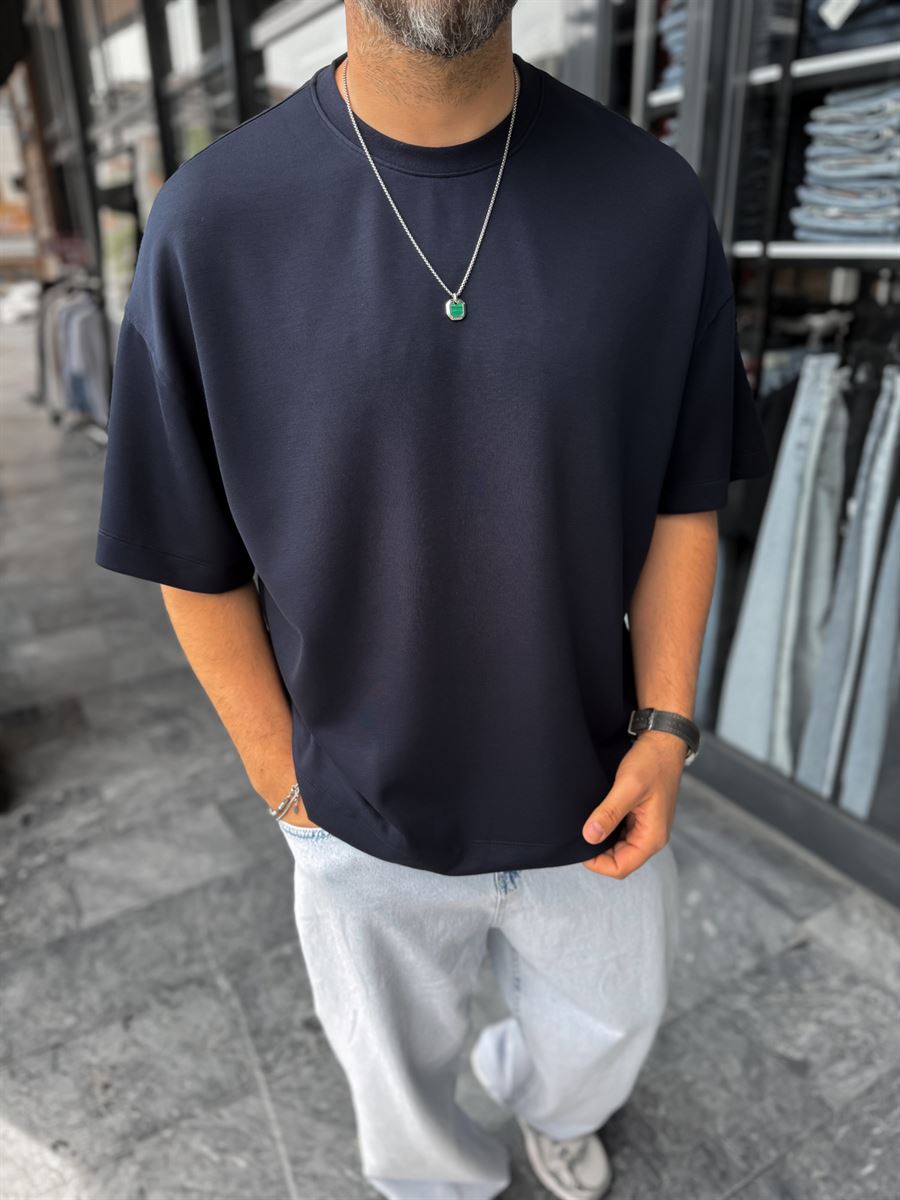Navy Blue Basic Modal Fabric Oversize T-Shirt BY-0002