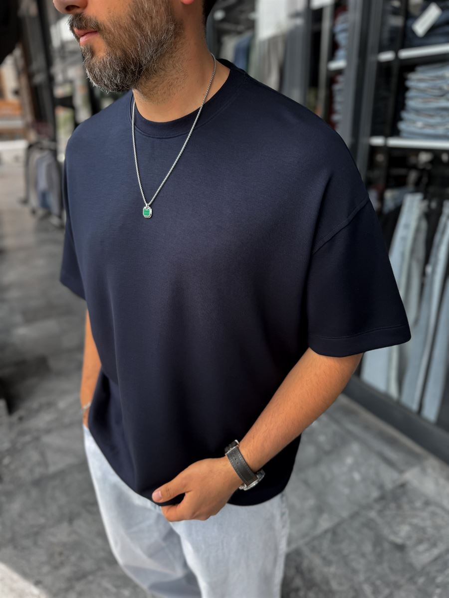 Navy Blue Basic Modal Fabric Oversize T-Shirt BY-0002