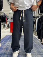 Navy Blue Muslin Fabric Straight Leg Trousers ES-80-47