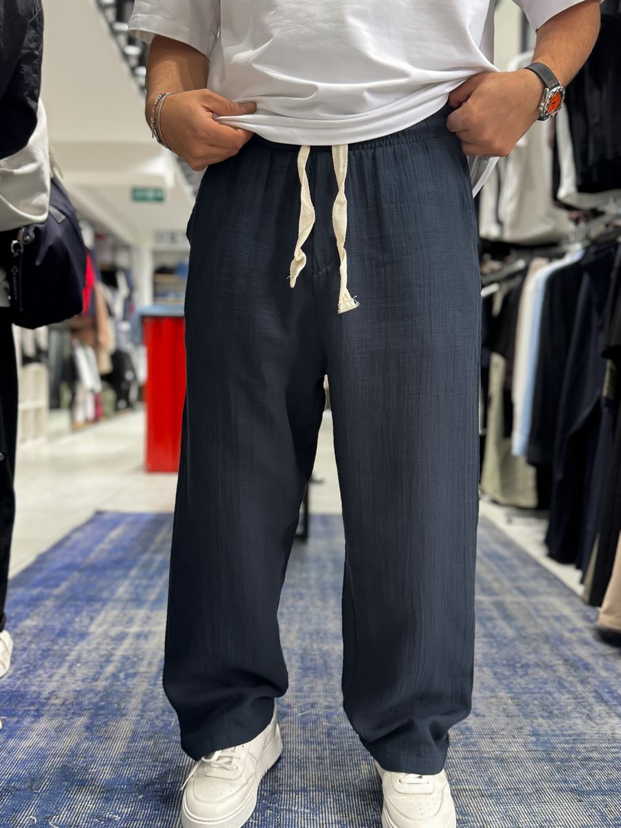 Navy Blue Muslin Fabric Straight Leg Trousers ES-80-47