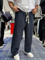 Navy Blue Muslin Fabric Straight Leg Trousers ES-80-47
