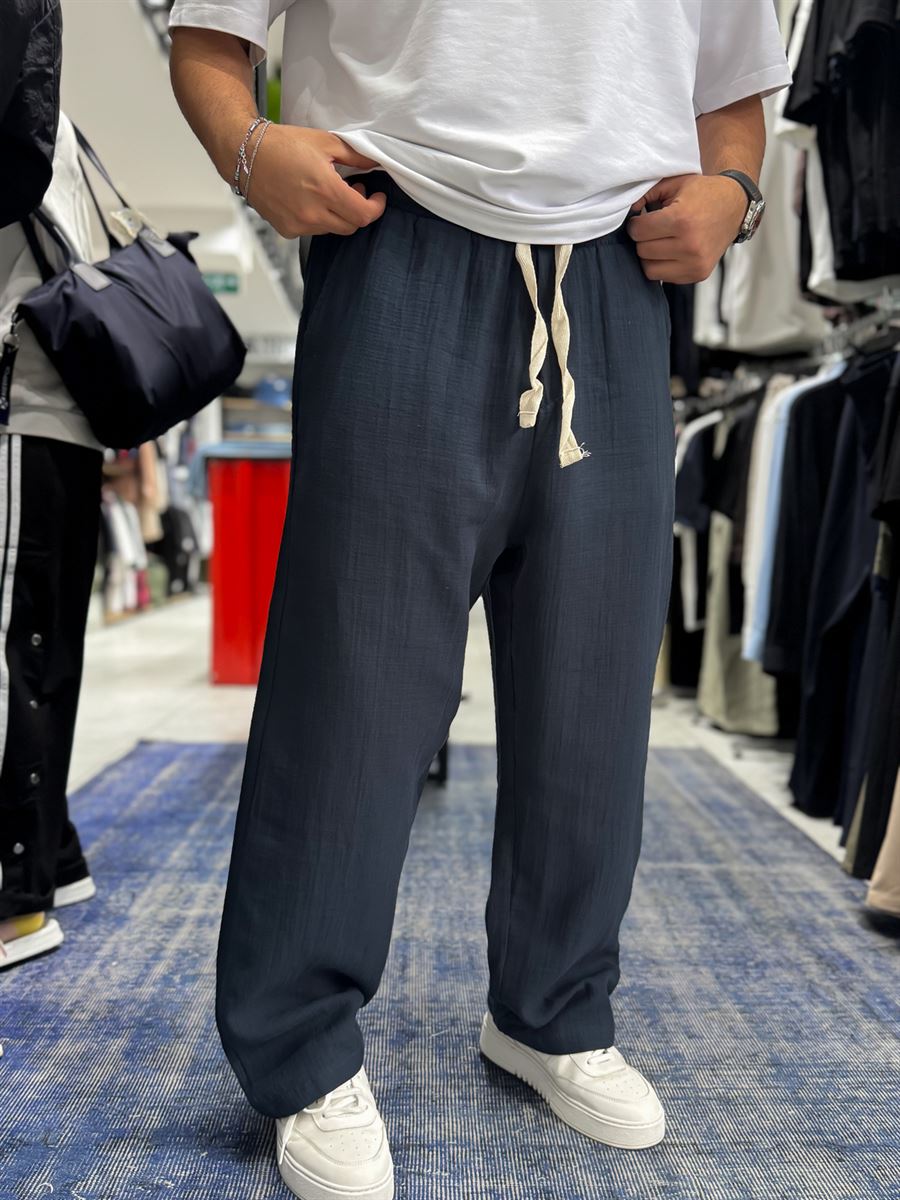 Navy Blue Muslin Fabric Straight Leg Trousers ES-80-47