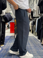 Navy Blue Muslin Fabric Straight Leg Trousers ES-80-47