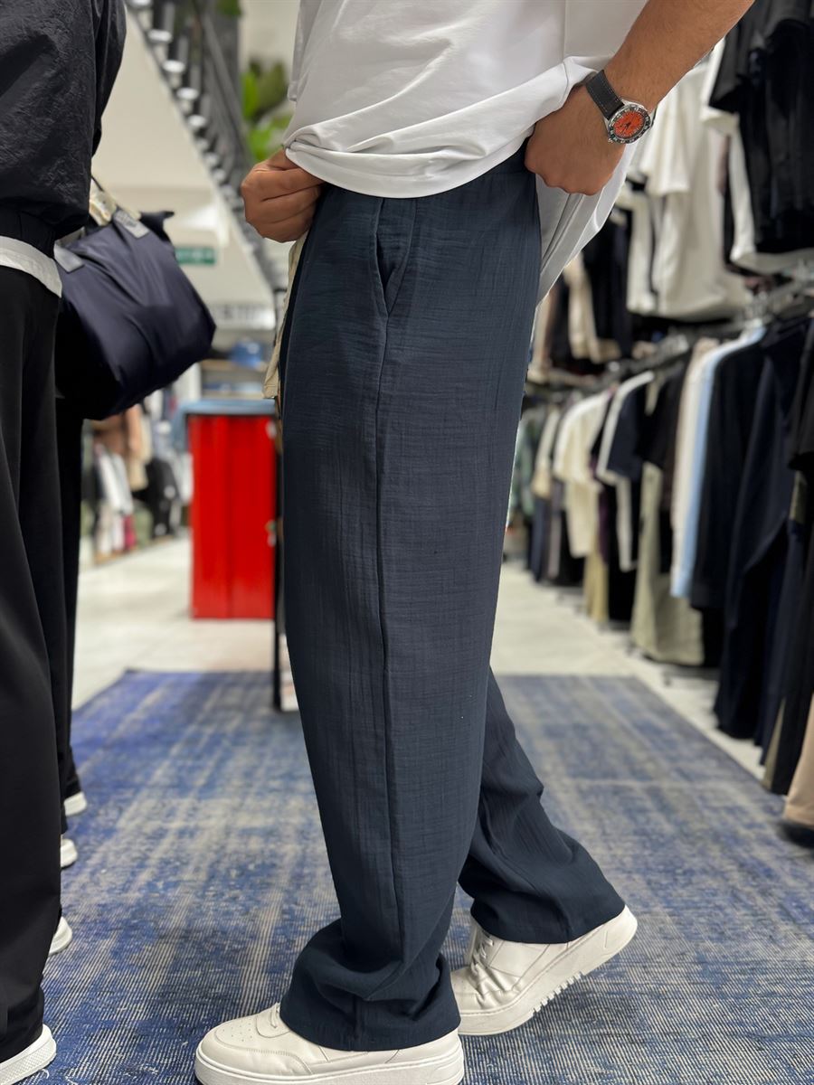 Navy Blue Muslin Fabric Straight Leg Trousers ES-80-47