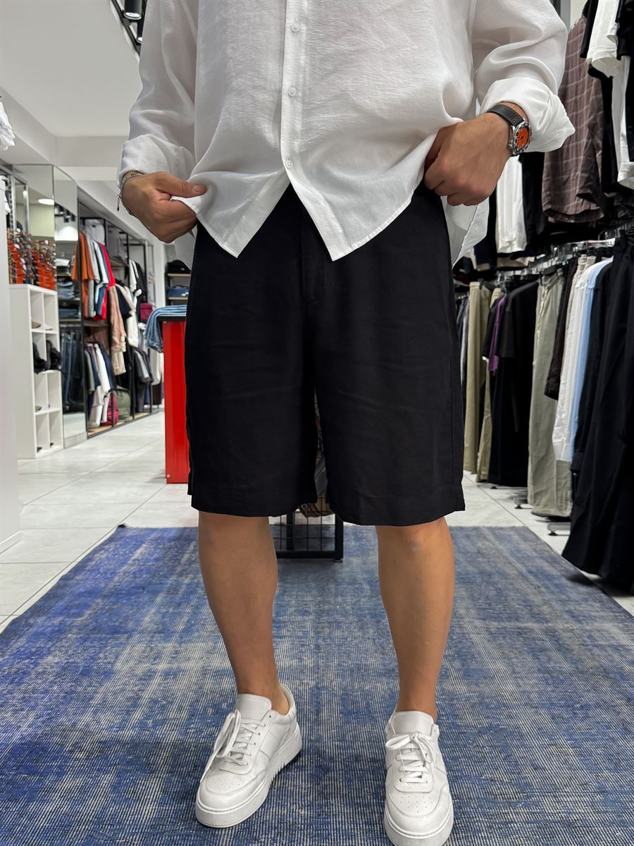 Black Cotton Linen Shorts TW-1146