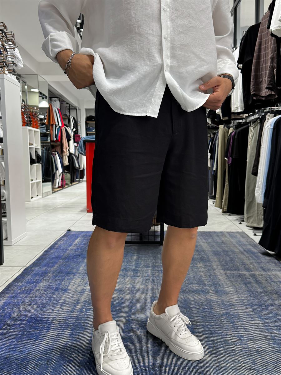 Black Cotton Linen Shorts TW-1146