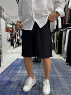 Black Cotton Linen Shorts TW-1146
