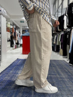 Beige Linen Textured Baggy Pants JJ-105