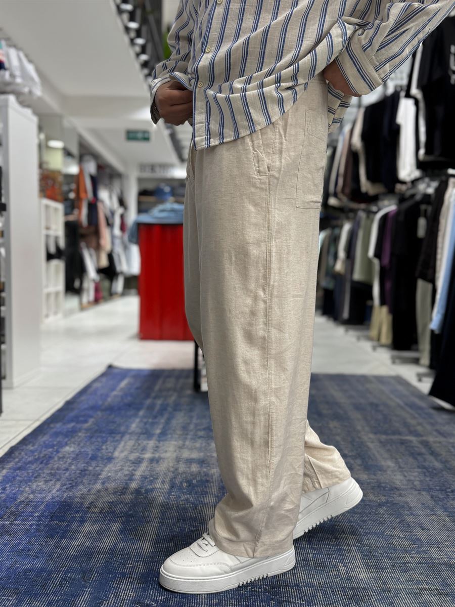 Beige Linen Textured Baggy Pants JJ-105