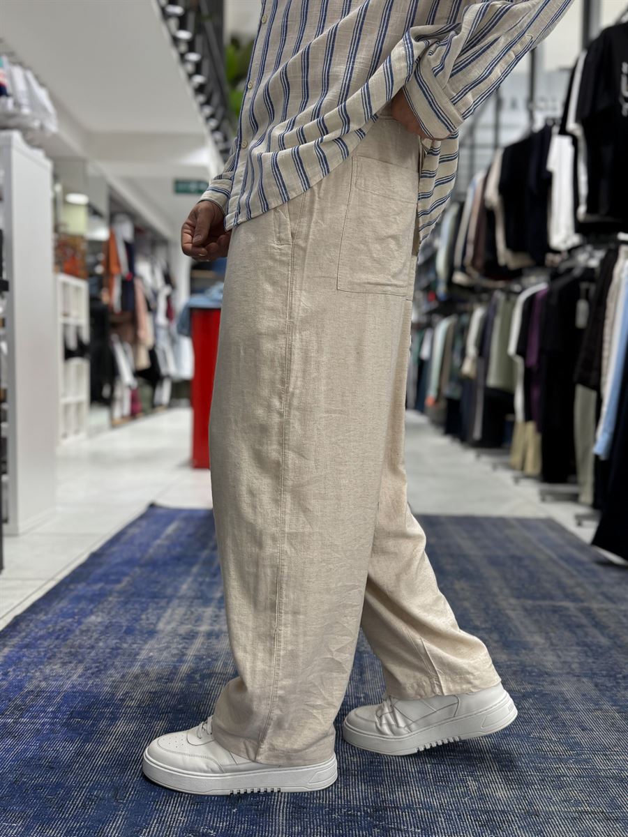 Beige Linen Textured Baggy Pants JJ-105