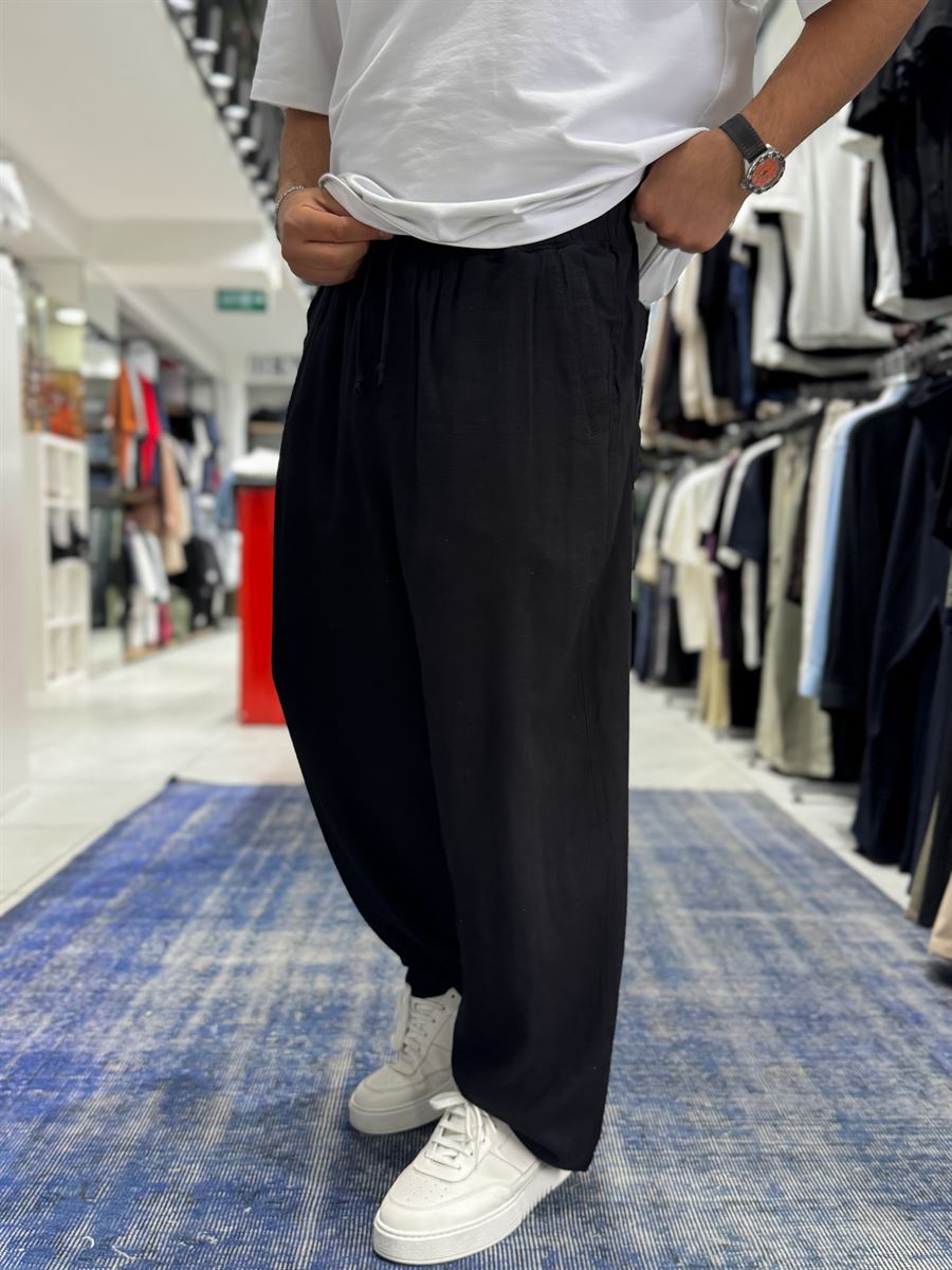 Black Linen Textured Baggy Pants JJ-105