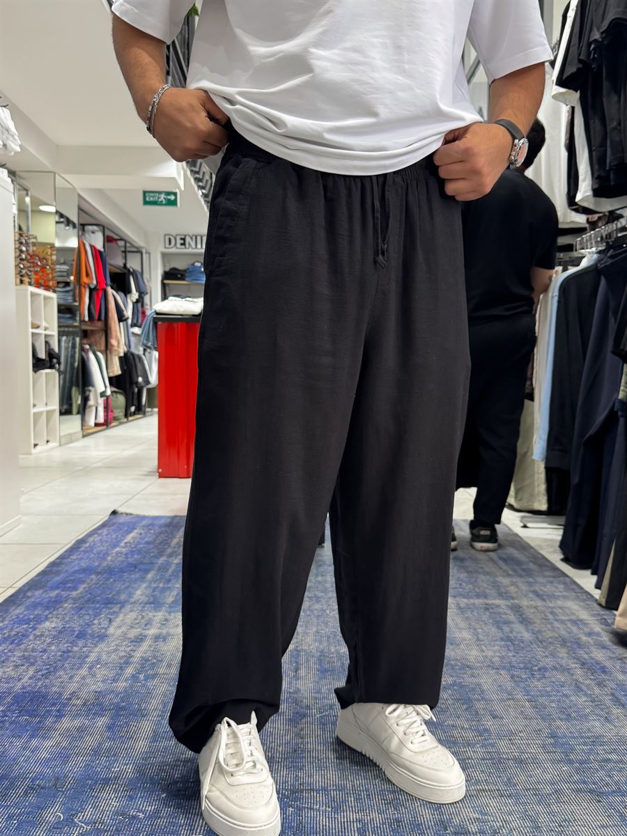 Black Linen Textured Baggy Pants JJ-105
