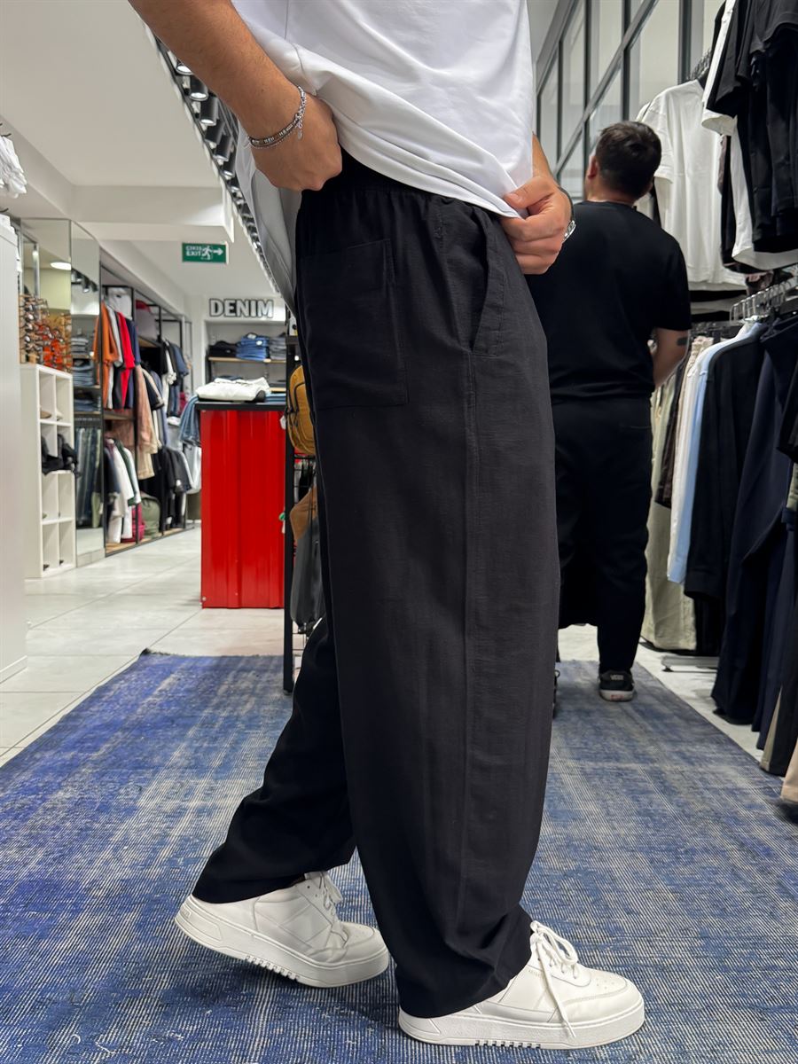 Black Linen Textured Baggy Pants JJ-105