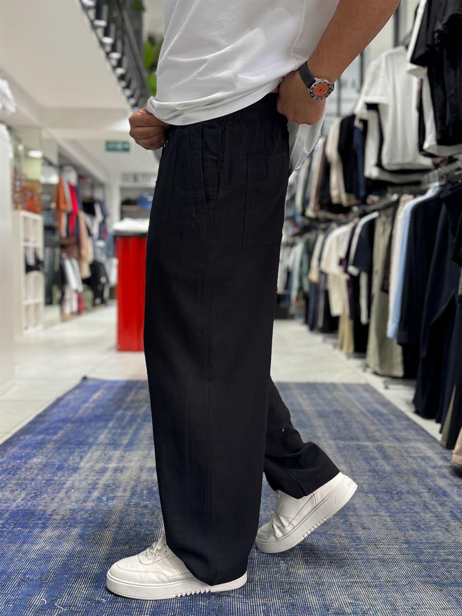 Black Linen Textured Baggy Pants JJ-105