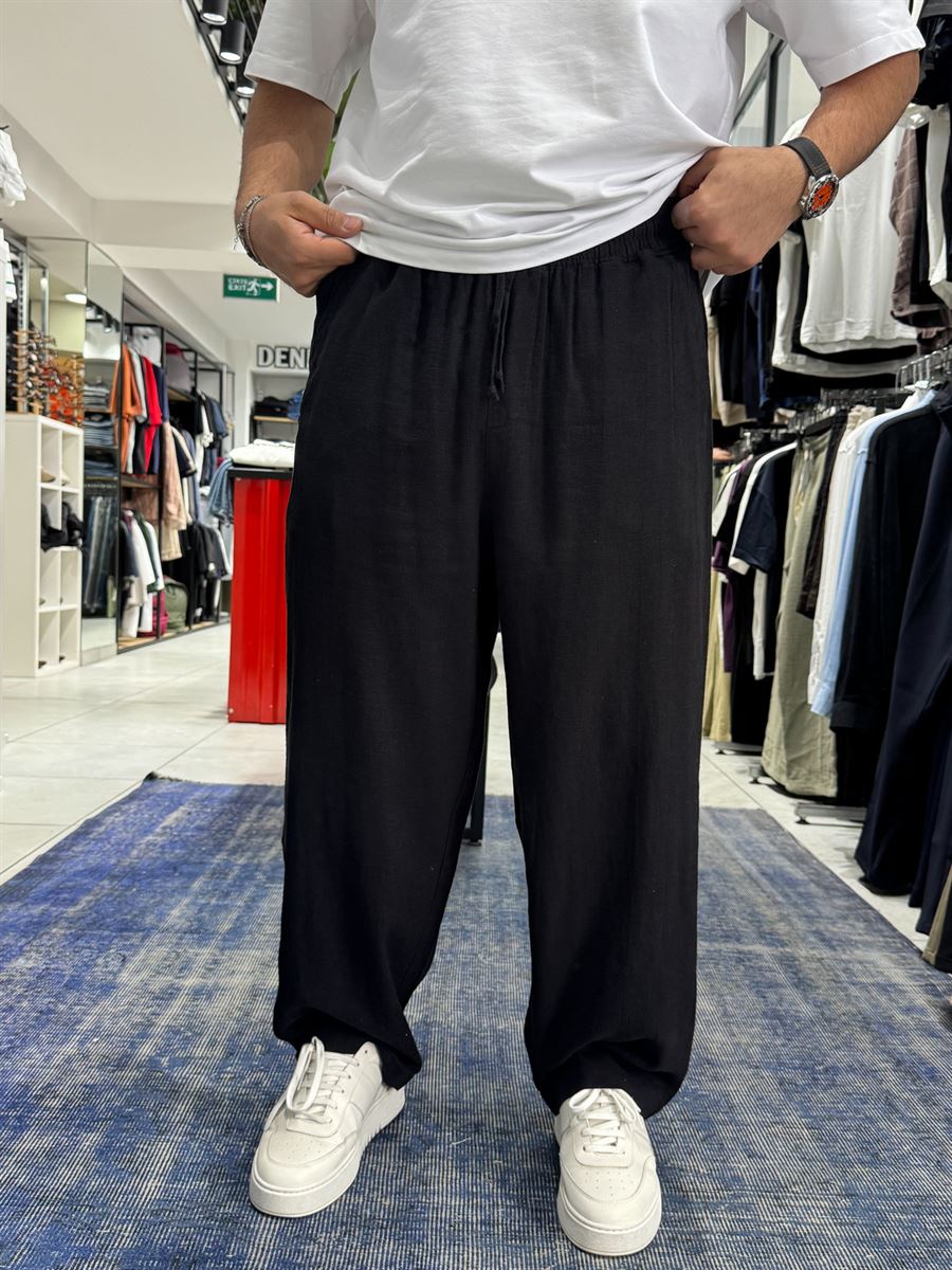Black Linen Textured Baggy Pants JJ-105