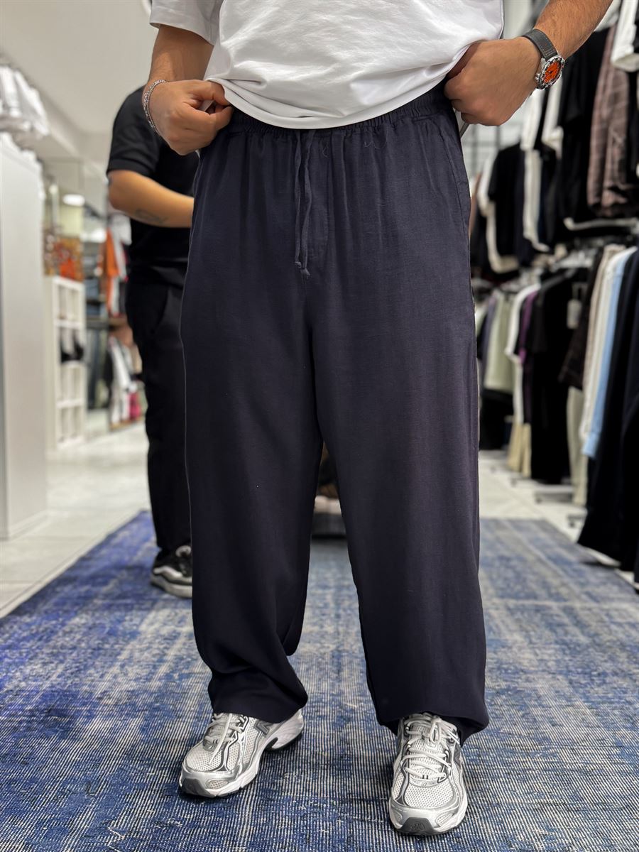 Navy Blue Linen Textured Baggy Pants JJ-105