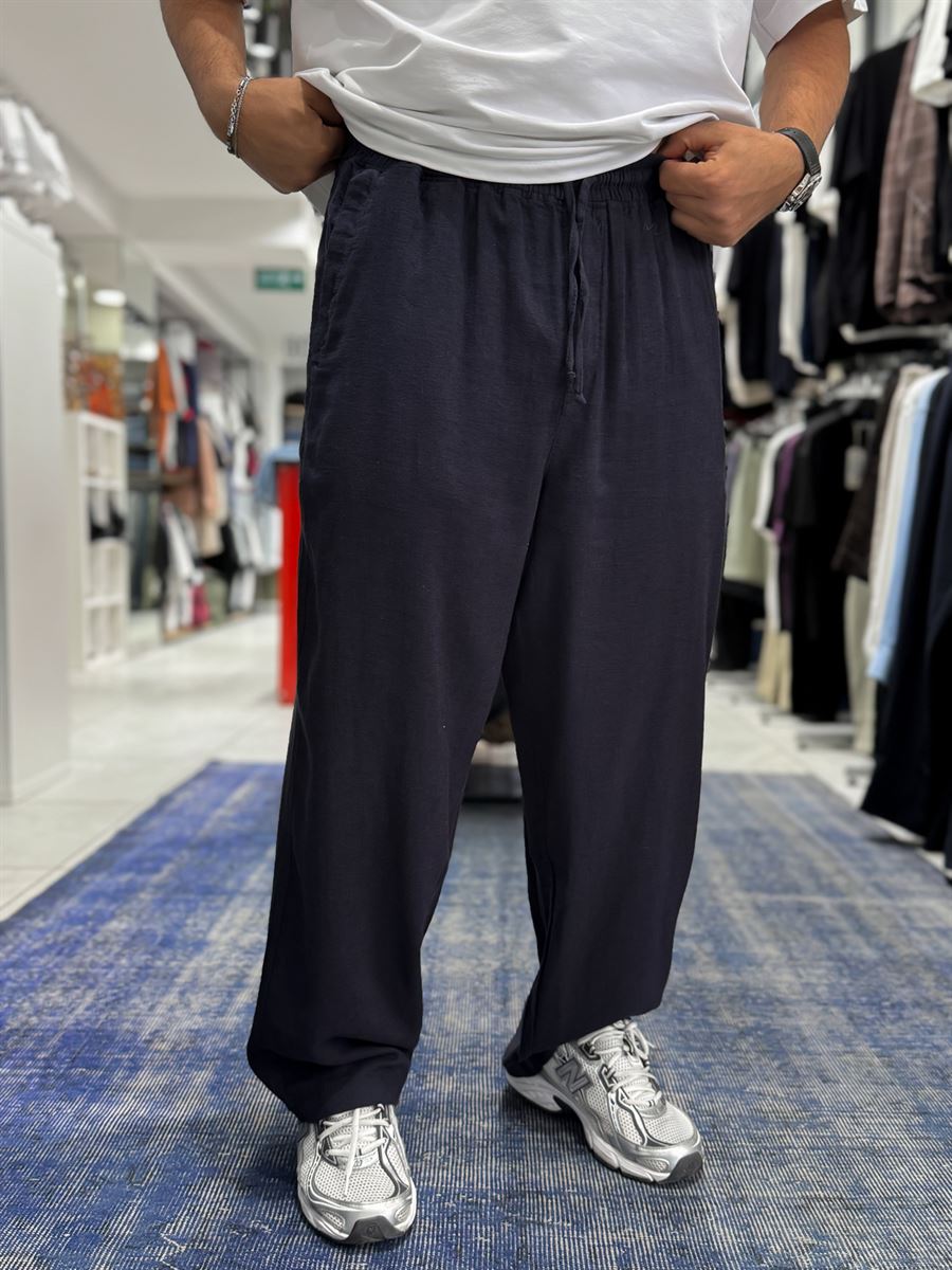 Navy Blue Linen Textured Baggy Pants JJ-105