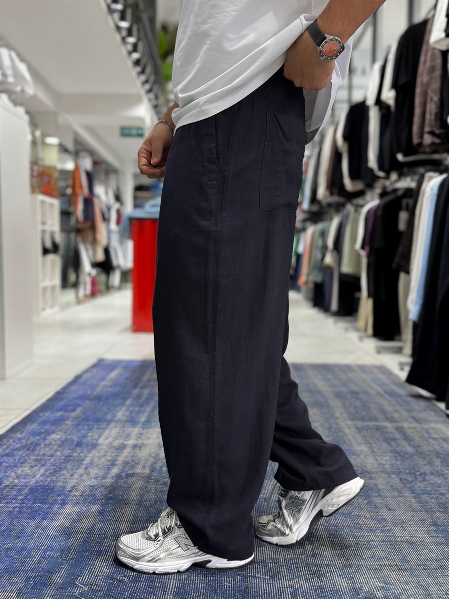 Navy Blue Linen Textured Baggy Pants JJ-105