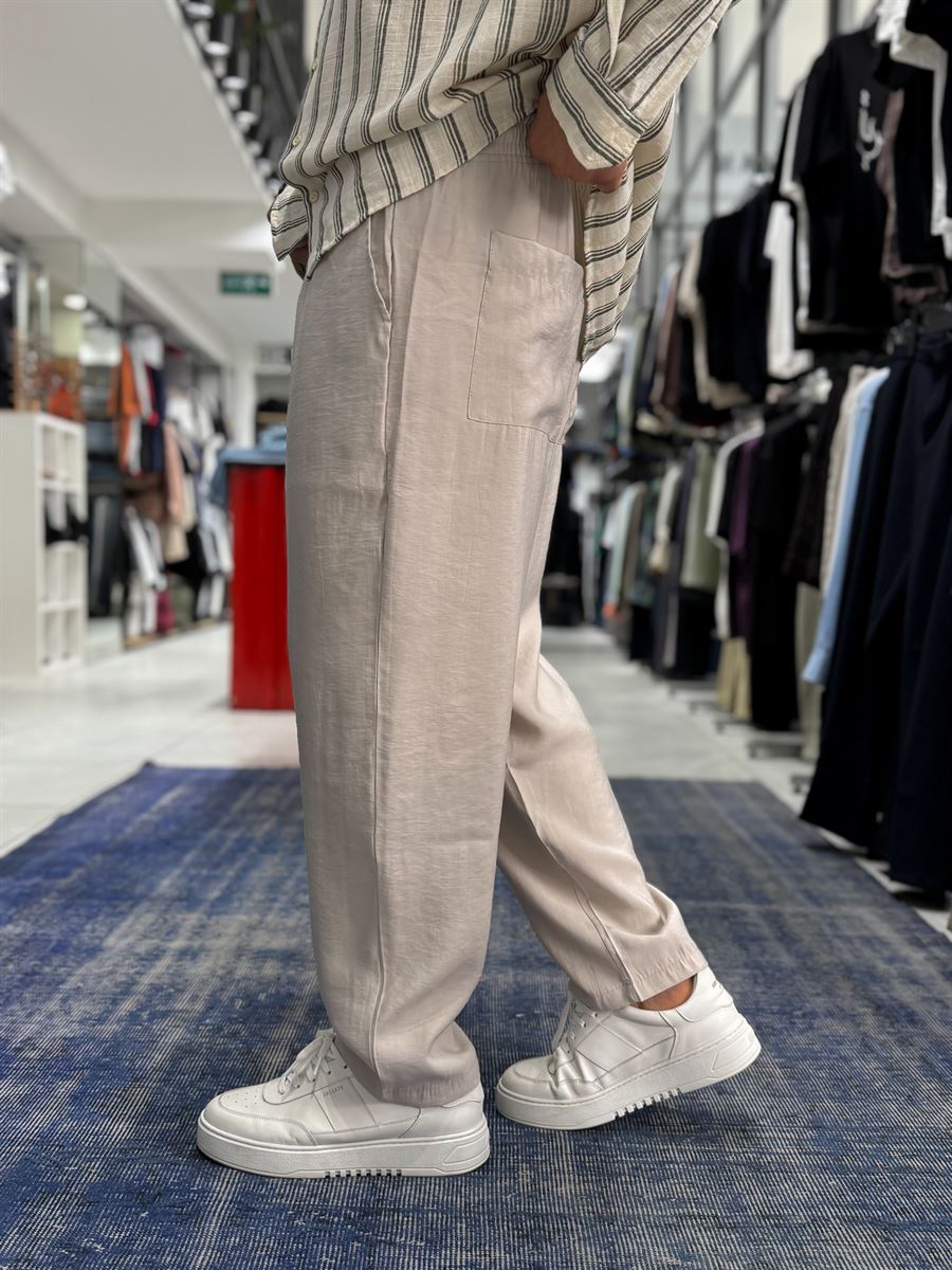 Beige Tencel Fabric Slim Loose Fit Trousers JJ-204