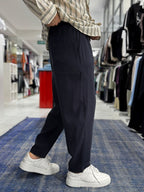 Navy Blue Tencel Fabric Slim Loose Fit Trousers JJ-204