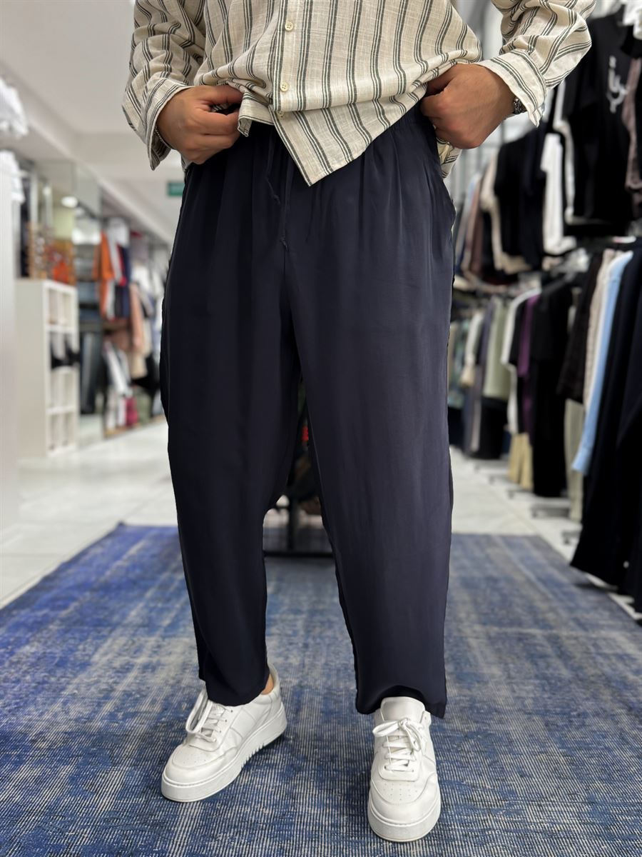 Navy Blue Tencel Fabric Slim Loose Fit Trousers JJ-204