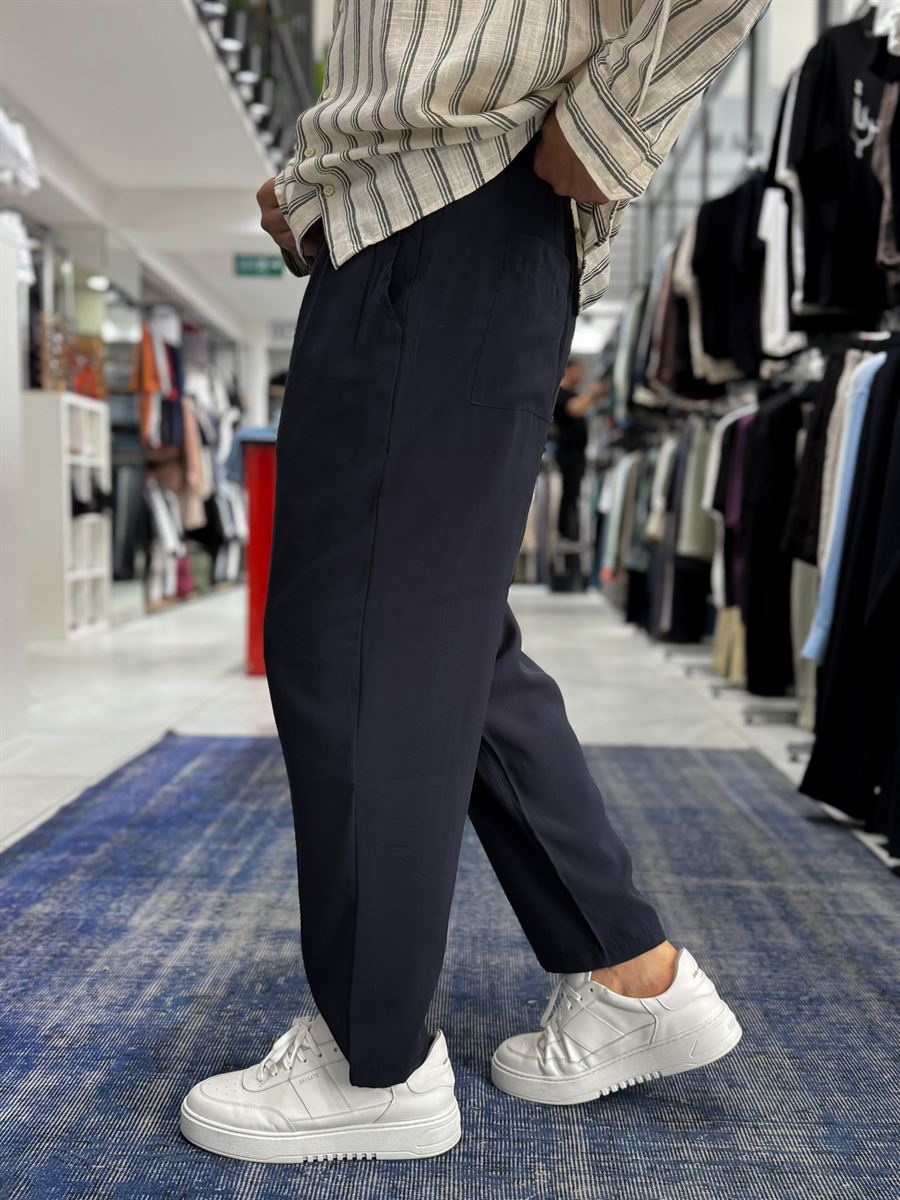 Navy Blue Tencel Fabric Slim Loose Fit Trousers JJ-204