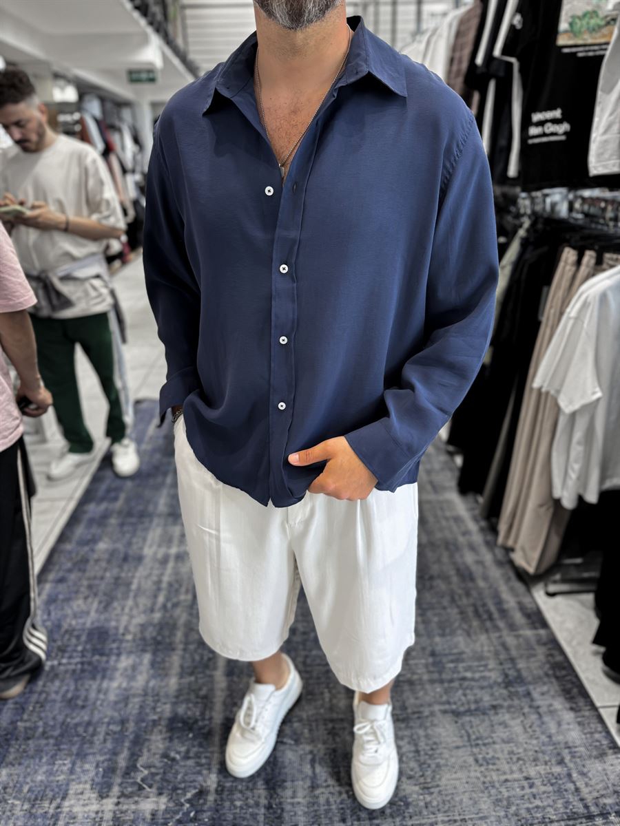Navy Blue Basic Tencel Oversize Shirt JJ-171