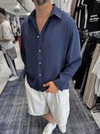 Navy Blue Basic Tencel Oversize Shirt JJ-171
