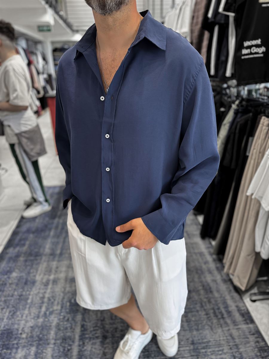 Navy Blue Basic Tencel Oversize Shirt JJ-171