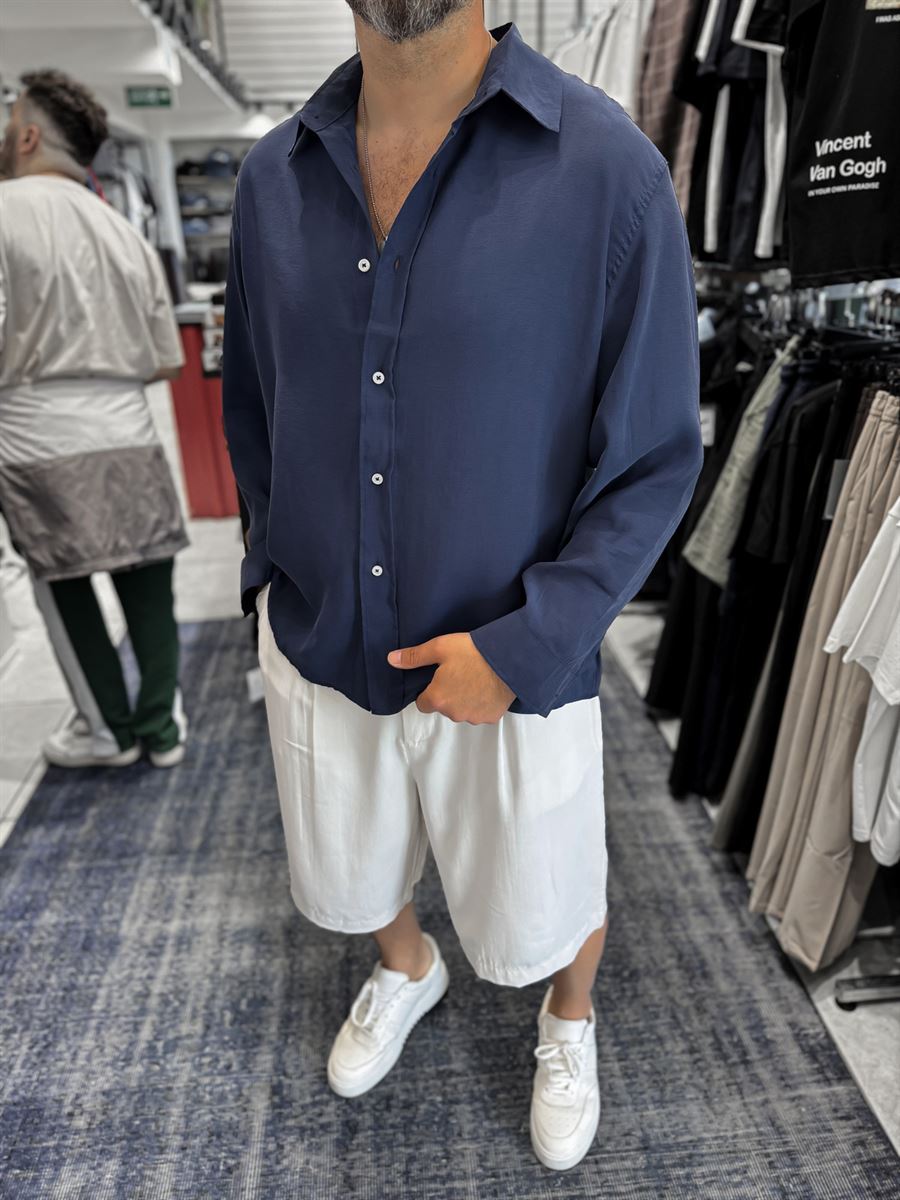 Navy Blue Basic Tencel Oversize Shirt JJ-171