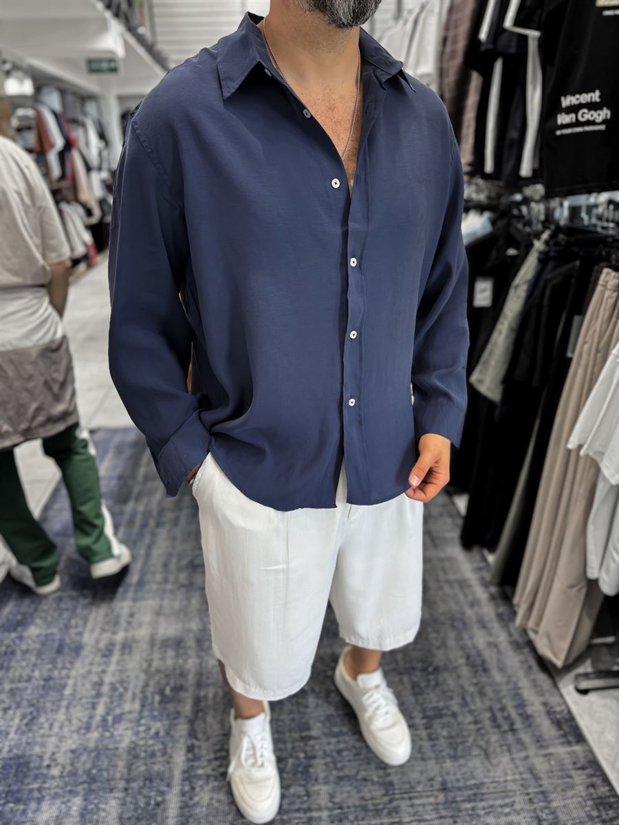 Navy Blue Basic Tencel Oversize Shirt JJ-171